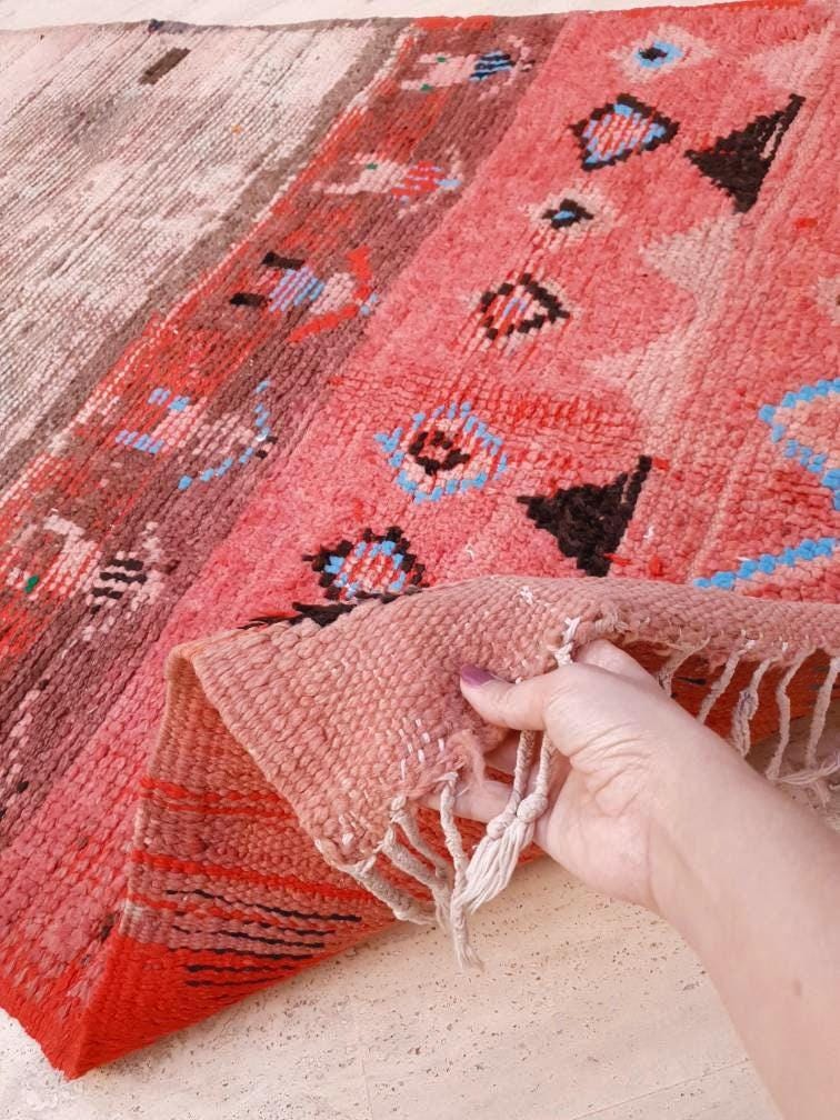 Vintage Moroccan rug 4x8.4 Unique boujaad rug "6 People" Blush pink Antique beige Boujad rug, Unique bohemian bedroom rug morocco rug