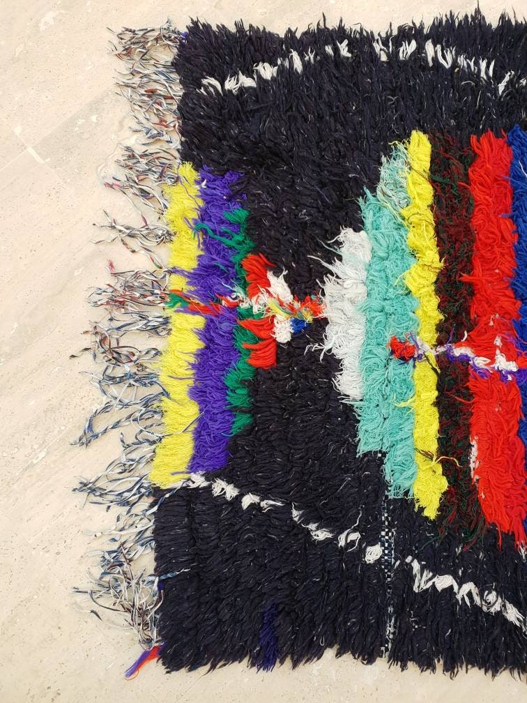 Vintage Moroccan Rug 2.7x7.5 black navy Runner Rug, Azilal rug, Black boucherouite rug, living room rug morrocan bedroom rug, boho rug,