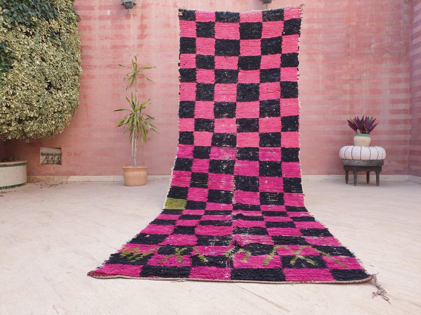 Gorgeous hot pink checkered runner rug 4x11.2 unique wide boucherouite hallway rug, wool rag Berber rug, pink green boujaad rug