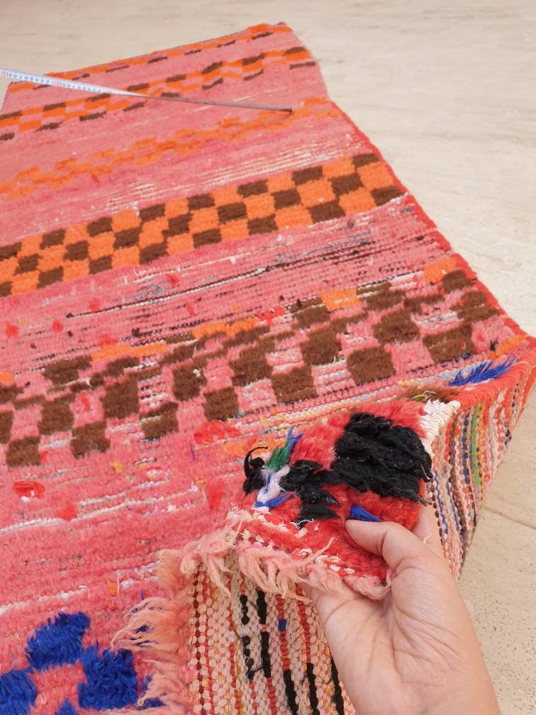 50% OFF CLOSING SALE Vintage Moroccan Rug 3x7 Gorgeous Checkered Rug | Peach Runner Rug  | Berber Tribal Rug | Pach Pink Blue Accent Rug