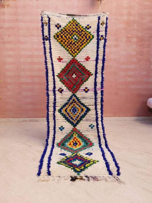 50% OFF CLOSING SALE Vintage Moroccan rug 2.5x8 Unique Geometric hallway rug, offwhite  runner rug, colorful Boujaad rug, boucherouite rug