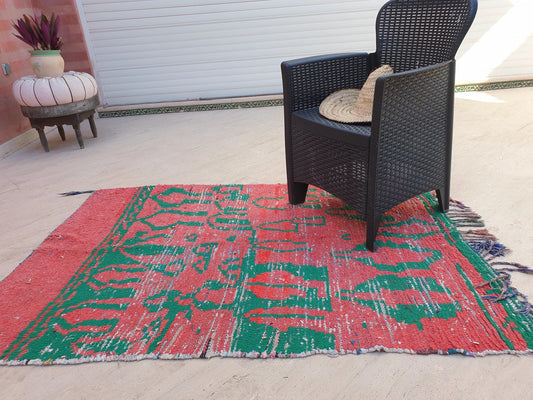 Gorgeous  Vintage Moroccan Rug, Coral Green Abstract Boujaad Rug