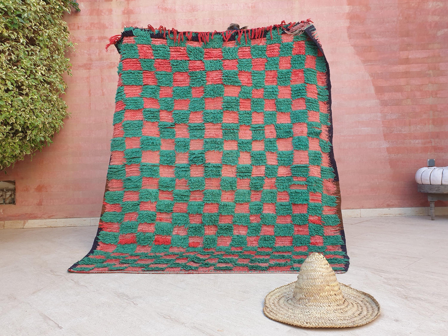 Gorgeous Green Moroccan Rug 5.6x6.9 ft Checkered green pink coral tribal rug, unique boujaad rug, squarish berber rug, salmon handmade rug