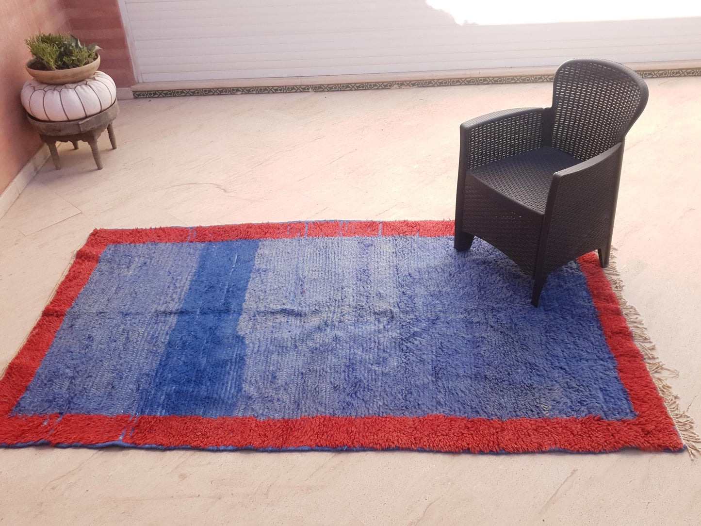 Vintage Moroccan Rug 4.8x8 | Minimal Blue Red Boujaad Rug | Modern Tribal Rug | One-of-a-Kind Berber Carpet