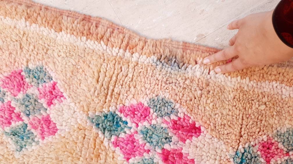 Stunning Vintage Moroccan Rug Boujaad rug 4.4x10.2 Blush Peach living room rug, large boujad rug