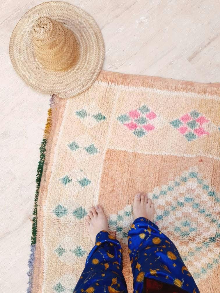 Stunning Vintage Moroccan Rug Boujaad rug 4.4x10.2 Blush Peach living room rug, large boujad rug