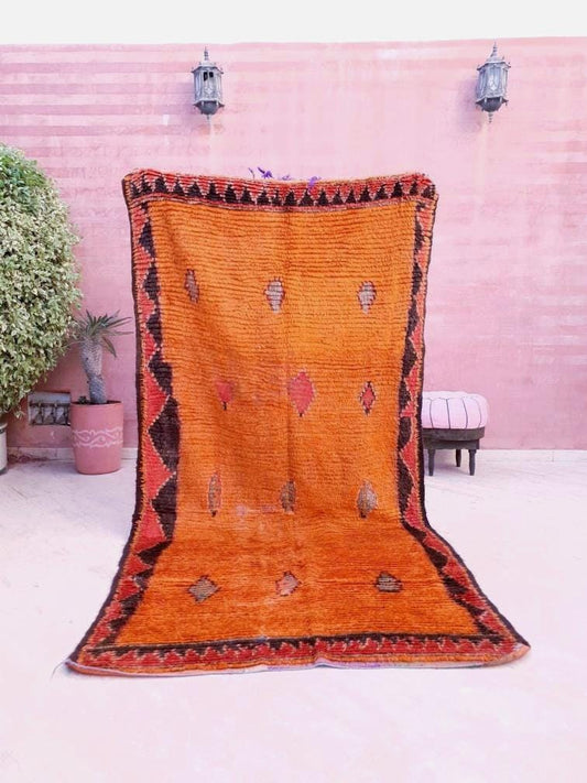 Vintage Moroccan Rug 5x9.8 Orange Boujaad Rug, Boujad Rug bedroom, living room morrocan rug orange carpet vintage boujad rug