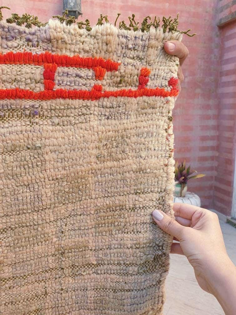 Vintage Moroccan rug 2x5.5 Gorgeous Blush Beige Red Grid Checkered rug | Boujaad hallway rug boujad statement piece