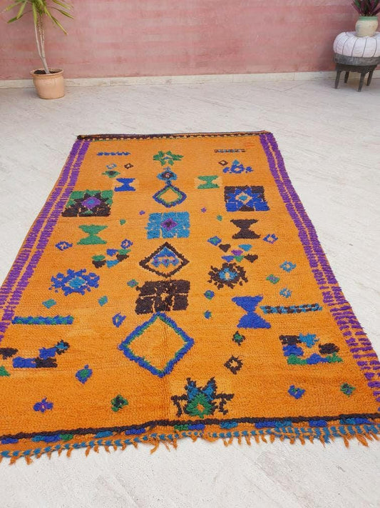 50% OFF CLOSING SALE Stunning Moroccan Rug 5.1x8.1 Super Pretty Vintage Boujaad rug, Unique boujad rug, Blue Papaya Orange Berber carpet