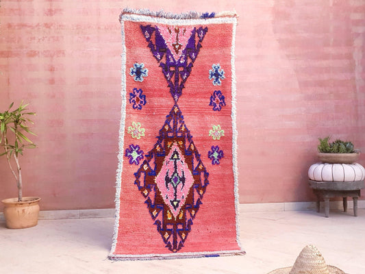 Vintage Moroccan Rug 2.9x6.3 Pretty Blush Boujaad runner rug, Boucherouite Rug, Colorful Berber Rug, Boujad runner rug