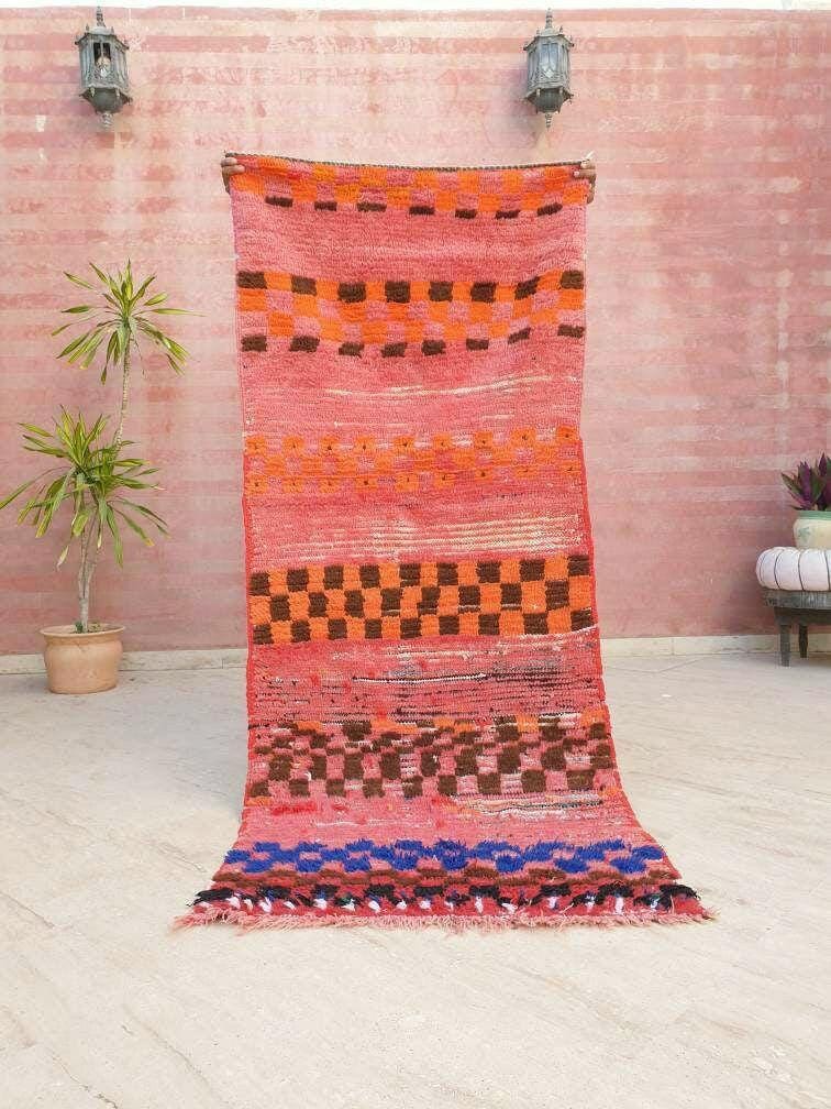 50% OFF CLOSING SALE Vintage Moroccan Rug 3x7 Gorgeous Checkered Rug | Peach Runner Rug  | Berber Tribal Rug | Pach Pink Blue Accent Rug