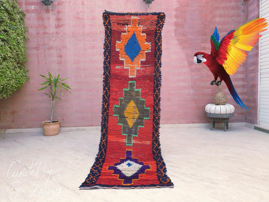 Stunning Vintage Moroccan rug, 2.4x8 PARROT Colorful Tribal Runner Rug, Unique Boujaad Rug, Boucherouite rug