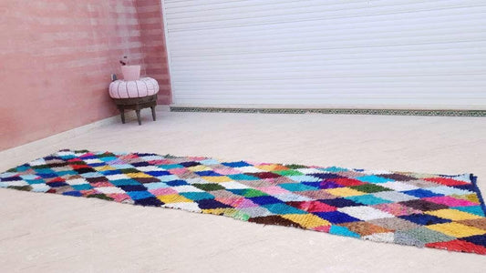 Vintage Moroccan Rug 2.8x10.8 Colorful Boucherouite Runner Rug, Happy Retro Rug, Authentic berber rug, Unique Artistic
