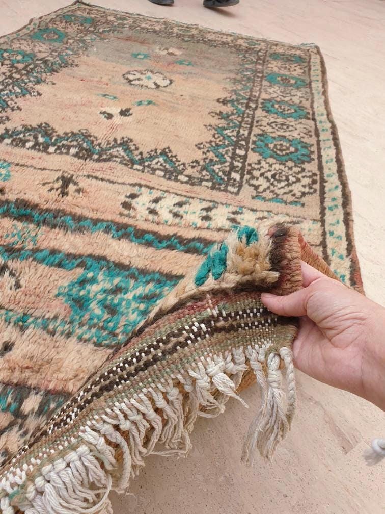 Vintage Moroccan Rug 4.5x7.6 Majestic Boujaad rug "Teal Poppies" blush Orange Geometric Rug