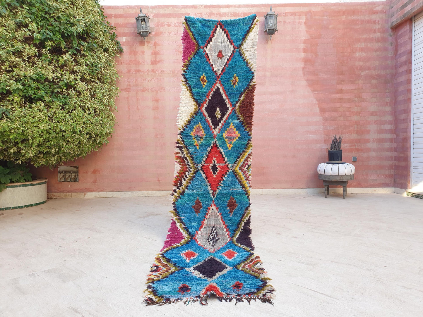 Gorgeous Moroccan vintage runner rug 2.2x9.5 teal blue rug boucherouite berber rug