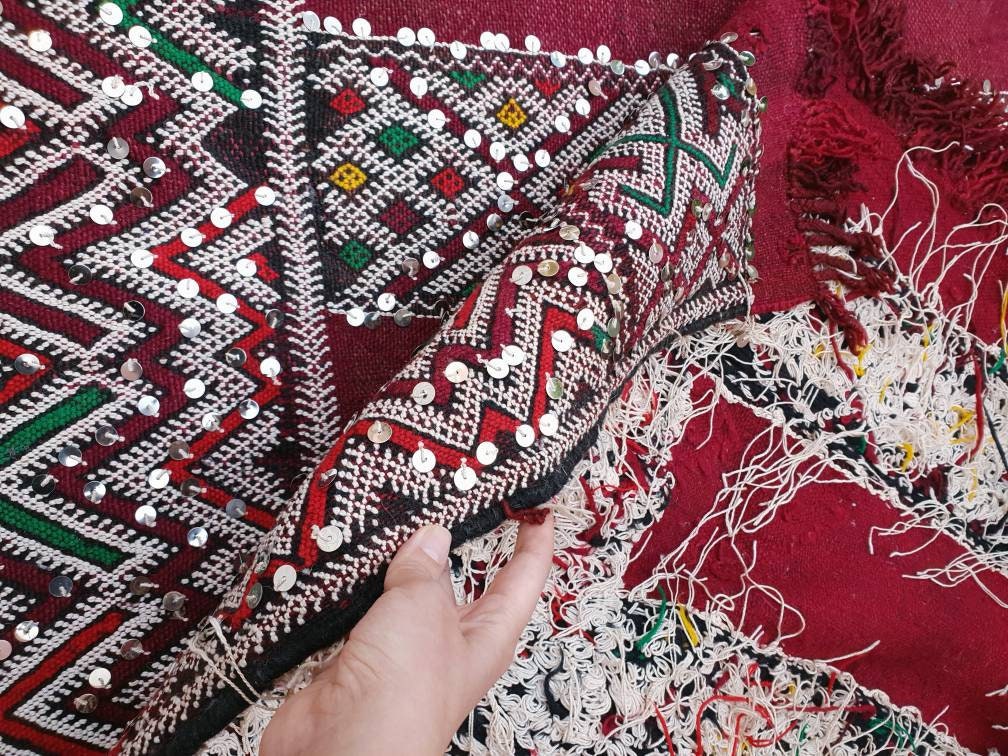 Incredible Moroccan rug | Sequined 4×10 ft Berber Rug | maroon kilim rug bedroom rug living room rug