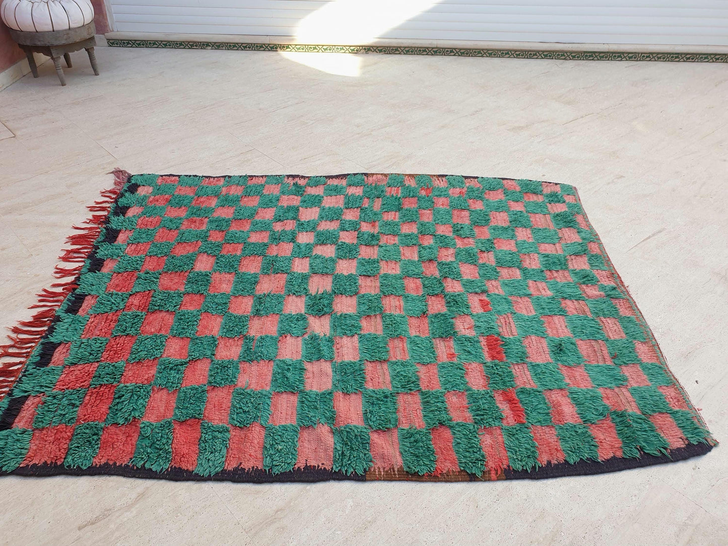 Gorgeous Green Moroccan Rug 5.6x6.9 ft Checkered green pink coral tribal rug, unique boujaad rug, squarish berber rug, salmon handmade rug