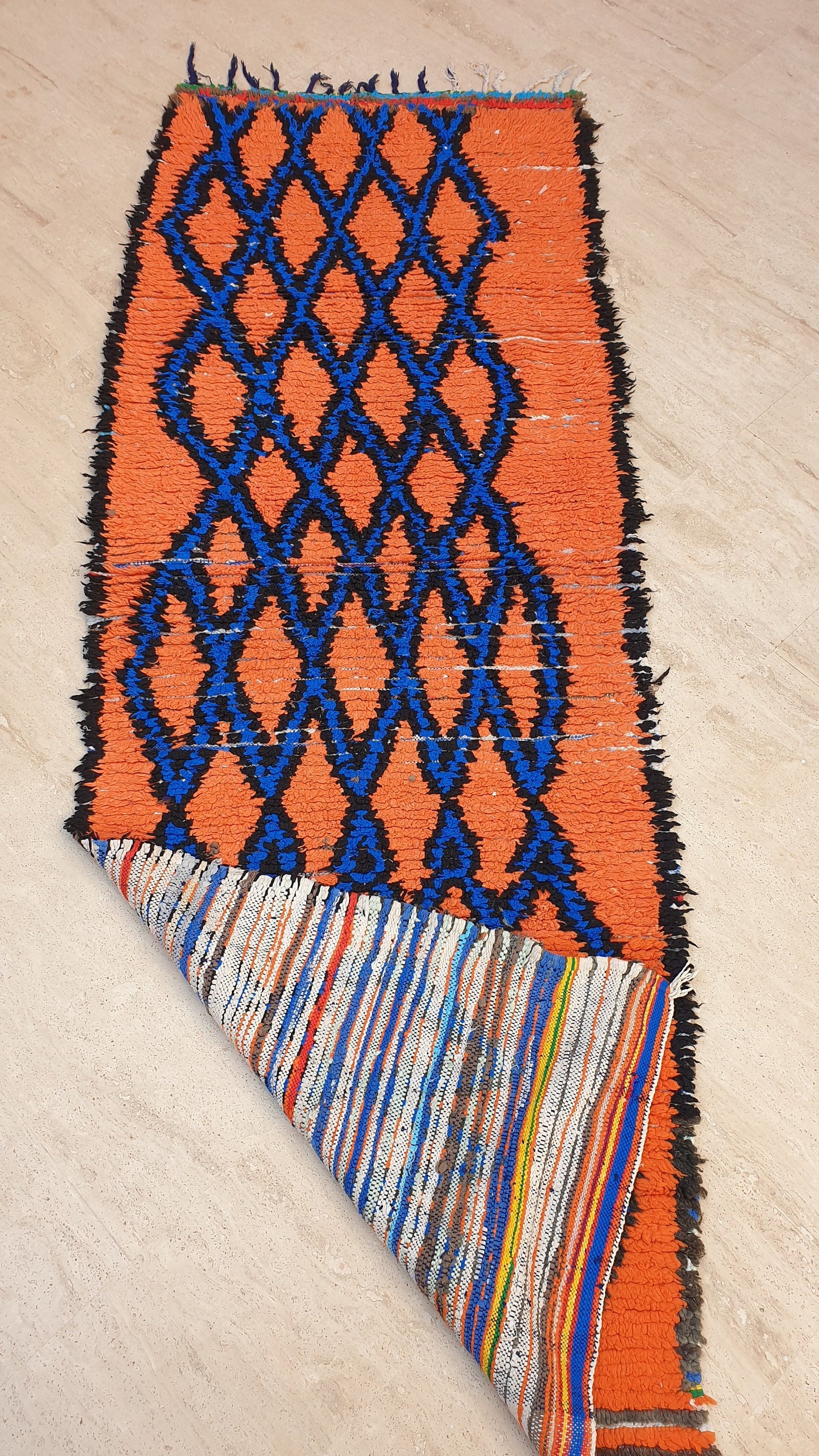 50% OFF CLOSING SALE Stunning Moroccan Runner Rug 2.8x6.5 Super Pretty Boujaad rug, Artistic Blue Papaya Orange Geometric Hallway rug