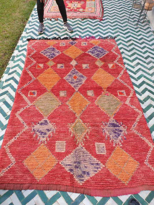 50% OFF CLOSING SALE Vintage Moroccan rug 5.2x7.8 Unique Boujaad Rug, Genuine Berber rug, Coral orange purple boujad rug beni mguild rug