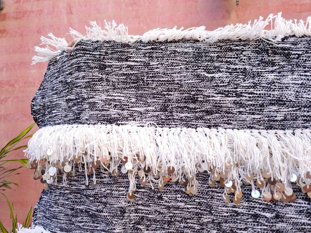 Gorgeous Moroccan Wedding blanket with Sequins 4.1x6.3 Moroccan throw, Authentic Berber wedding blanket, White Gray Handira Blanket
