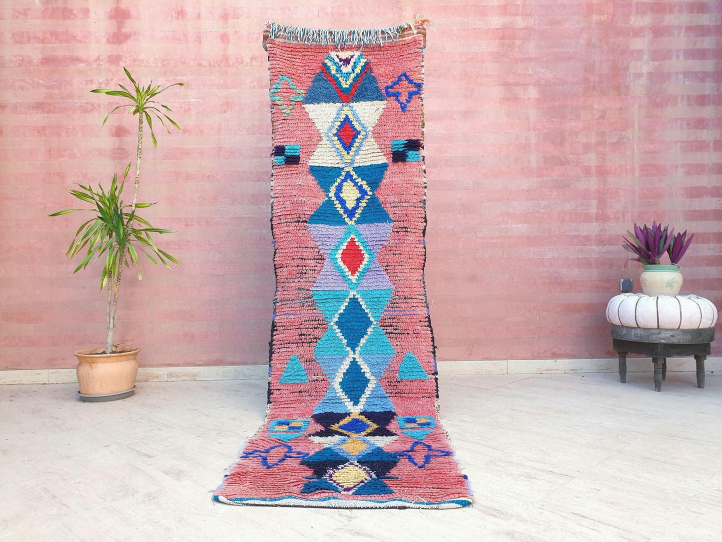 Gorgeous Moroccan rug 2.5x9 "Ibiza" Blue Pink Blue Colorful Runner rug, retro style  handmade hallway boujaad rug
