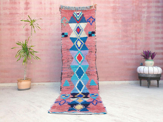 Gorgeous Moroccan rug 2.5x9 "Ibiza" Blue Pink Blue Colorful Runner rug, retro style  handmade hallway boujaad rug