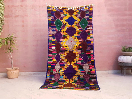 Vintage Moroccan Boucherouite Rug • 3.3x6.8 ft • Colorful Diamond Pattern Runner • Recycled Cotton Handwoven Berber Rug • One-of-a-Kind Boho