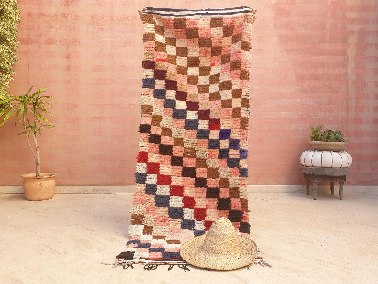 Gorgeous Moroccan Runner Rug • 2.5ft x 6.6ft • Checkered Boujaad Rug • Blush Brown Pink rug • Colorful Boucherouite rug