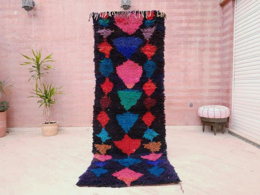 Vintage Moroccan Rug 3.2x8.9 Unique Black colorful Rug | Purple Gorgeous runner Rug | Hallway bedroom living room boujaad boucherouite rug