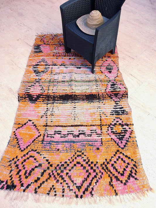 Gorgeous Vintage Moroccan Rug 4.3x7.2 Tribal Orange Pink Black Rug, Stunning rustic boho carpet