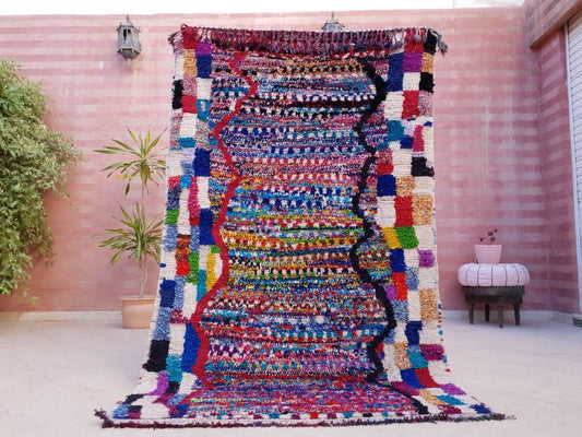 Vintage Moroccan Rug 4.4x7.3 Boucherouite rug  "Confetti Party" Unique Stunning Berber rug bedroom rug, Colorful living room rug boho rug