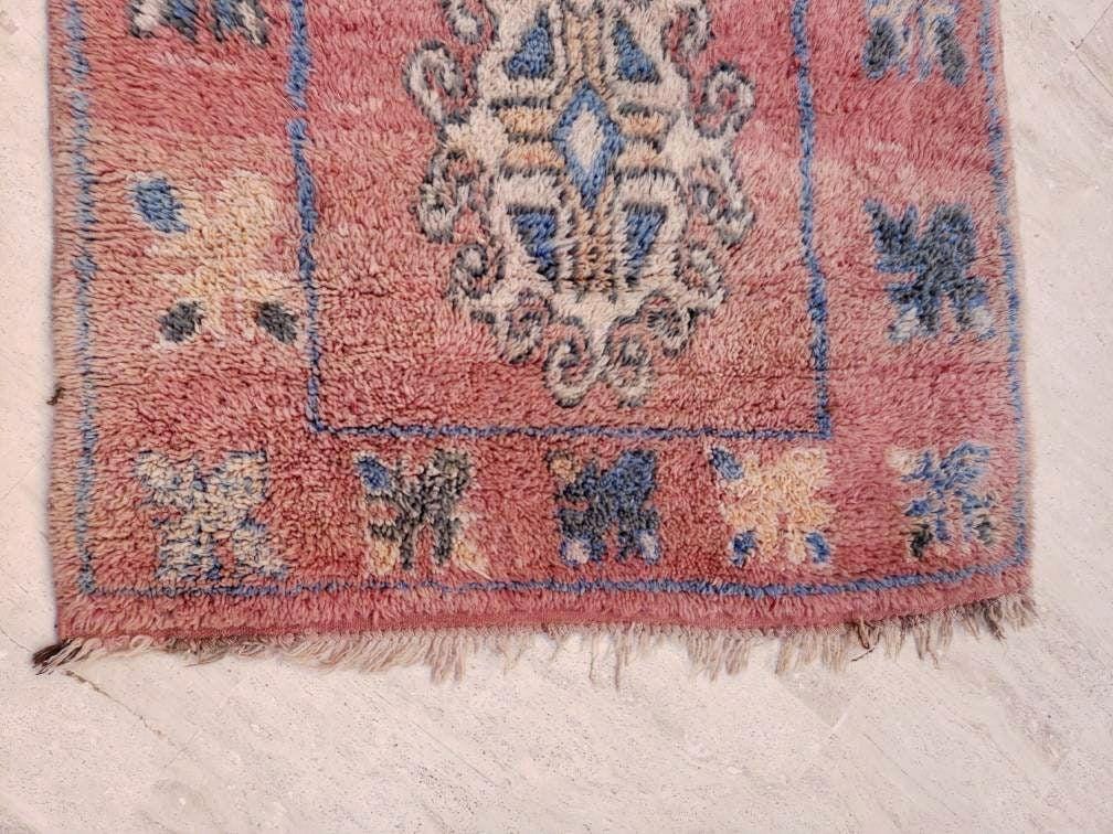 50% OFF CLOSING SALE Vintage Moroccan Rug 3.8x7.7 Gorgeous Boujaad rug "Mystic Butterfly" Blush Peach boujad rug  blush pastels