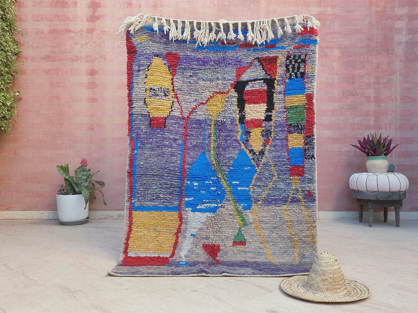 50% OFF CLOSING SALE Gorgeous Moroccan Rug boujaad rug 4.1x6.3 Purple Wool rug, living room rug, Unique Abstract Red Yellow rug bedroom rug