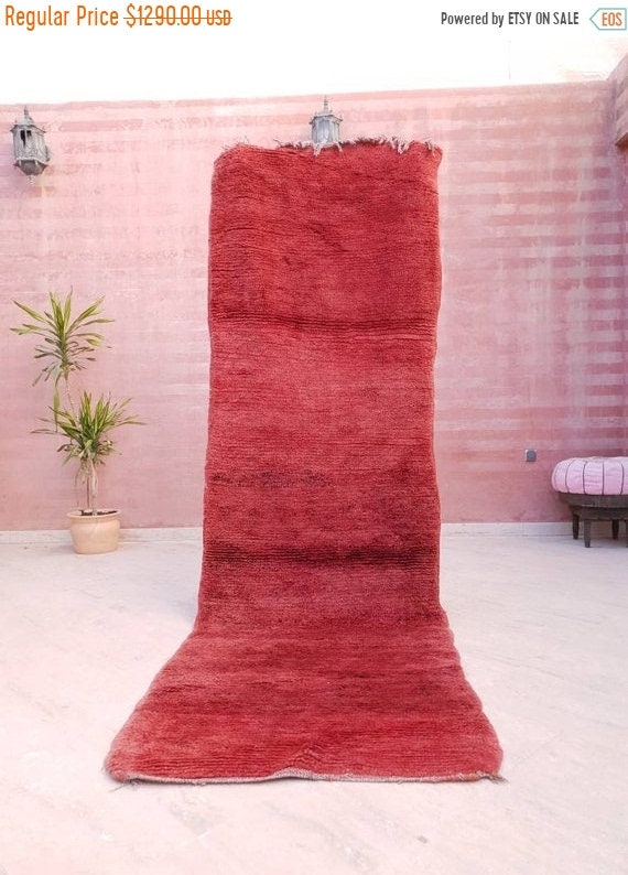 50% OFF CLOSING SALE Vintage Moroccan Rug 3.3x10 Velvet Gorgeous Boujaad red runner rug, Artistic Hallway rug, Unique red runner rug