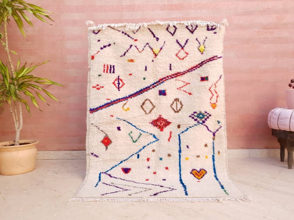 Finest Moroccan Rug 3.6x5 Soft Azilal Rug "Heart at Home" Authentic Berber carpet Nursery morrocan Rug Beni Ourain rug, living room rug