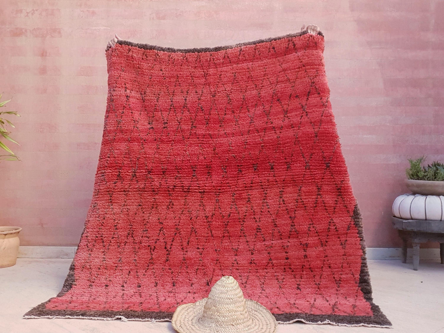 Vintage Moroccan Rug 5.3x6 Gorgeous Blush red Boujaad rug, muted red squarish rug, bedroom beni ourain rug checkered geometric rug