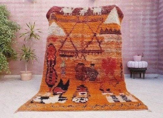 Orange Moroccan Rug 5.4x8.8 Abstract Burnt Orange maroon boujaad rug, Vintage Beni Ourain Rug, beni ourain Rug bedroom