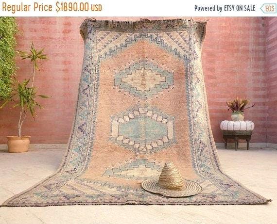 Vintage Moroccan rug 5x8.5 Precious Blush teal lavender Rug, Peach boujaad rug, Unique Taznakht rug