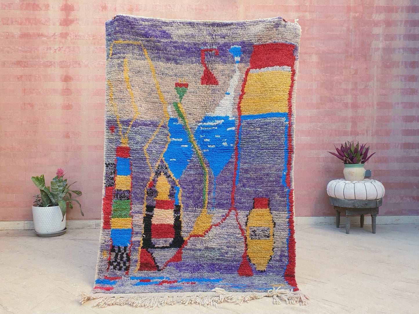 50% OFF CLOSING SALE Gorgeous Moroccan Rug boujaad rug 4.1x6.3 Purple Wool rug, living room rug, Unique Abstract Red Yellow rug bedroom rug
