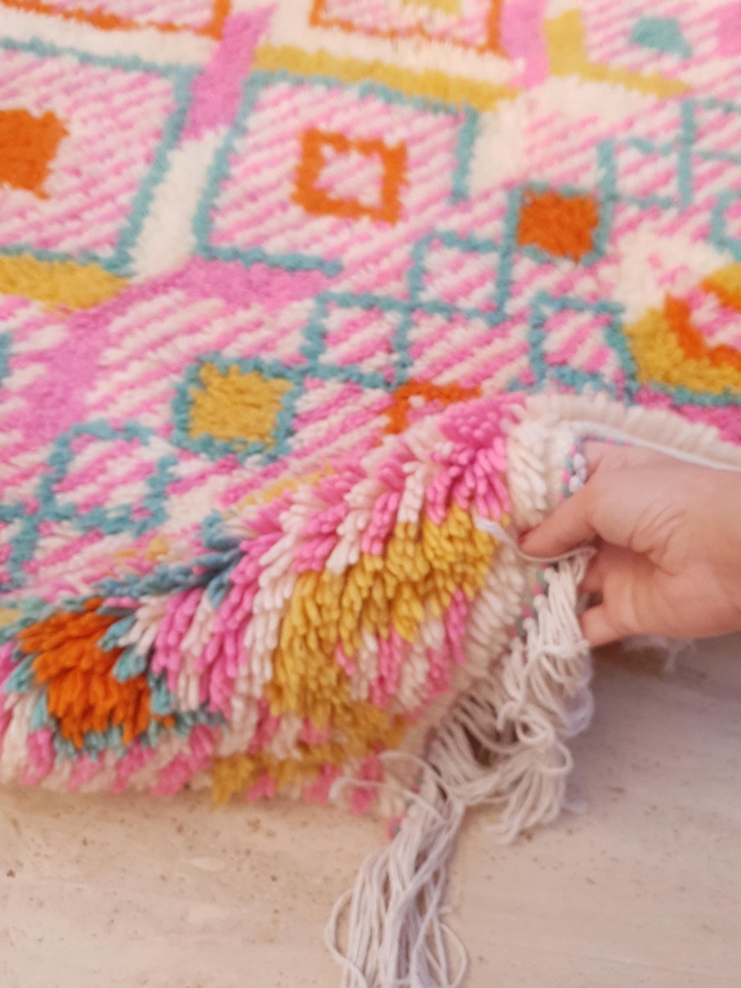 Azilal Wool Rug 4.1x5.7 ft • Custom One-of-a-Kind Moroccan Rug • Handspun Wool • Pink Turquoise Orange Diamond Design • Berber Tribal Rug
