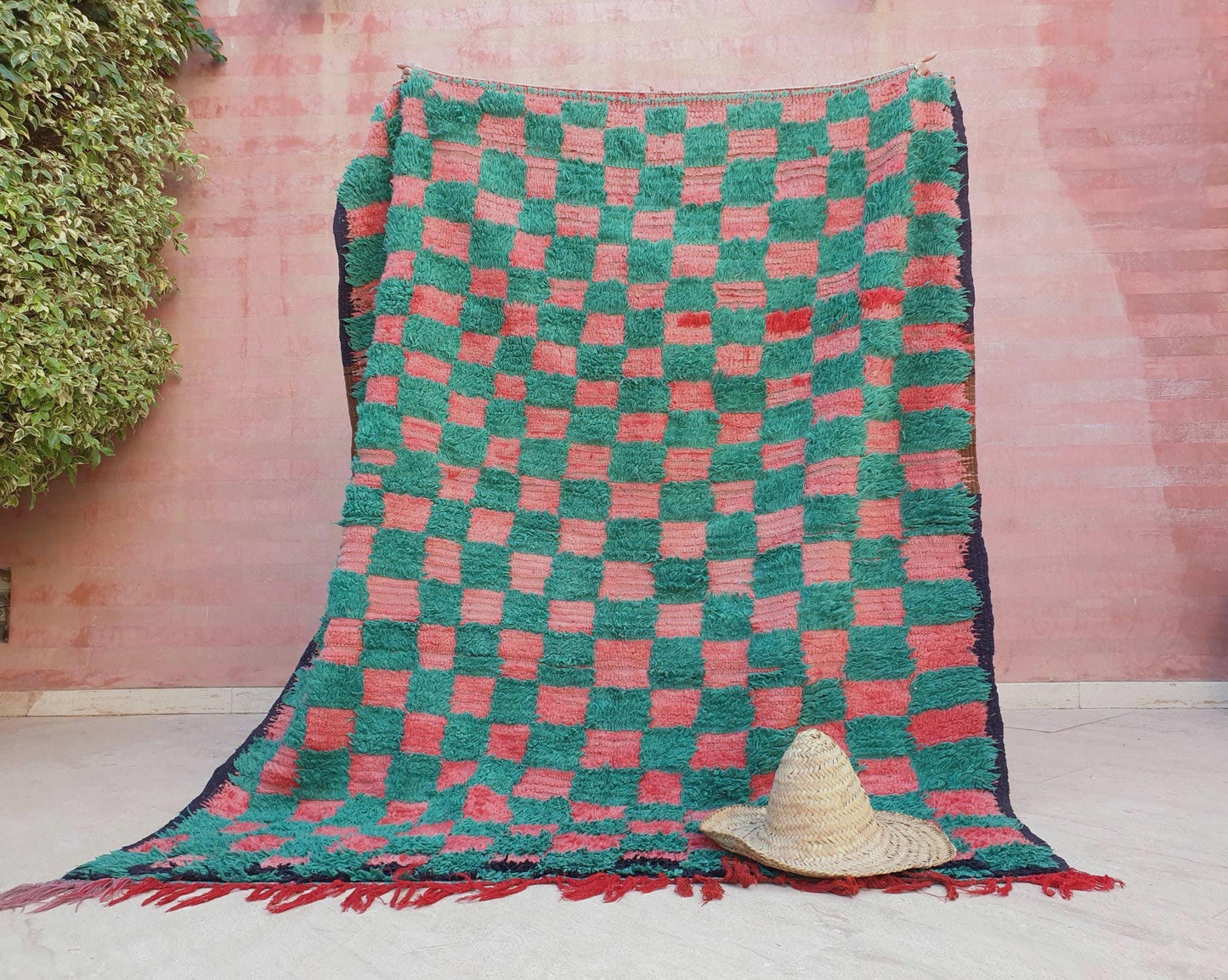 Gorgeous Green Moroccan Rug 5.6x6.9 ft Checkered green pink coral tribal rug, unique boujaad rug, squarish berber rug, salmon handmade rug