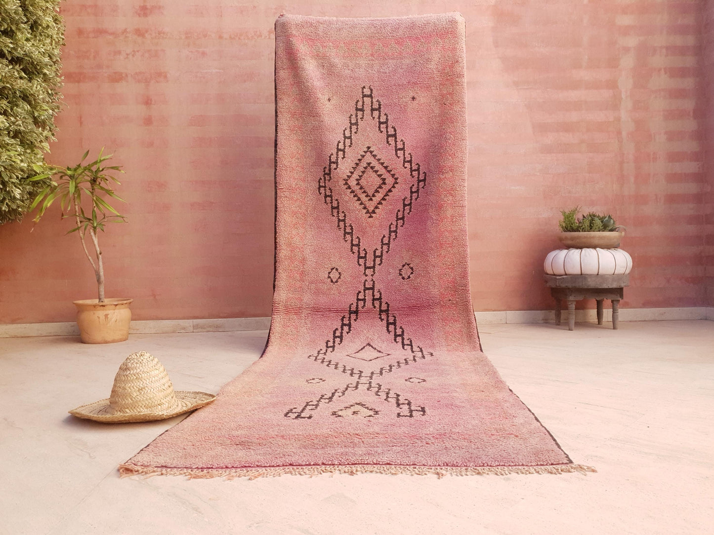 Vintage Moroccan Runner 3.4x10.7 ft • Blush Pink Boujaad Rug with Diamond Symbols • One-of-a-Kind Tribal Berber rug • pastels rug