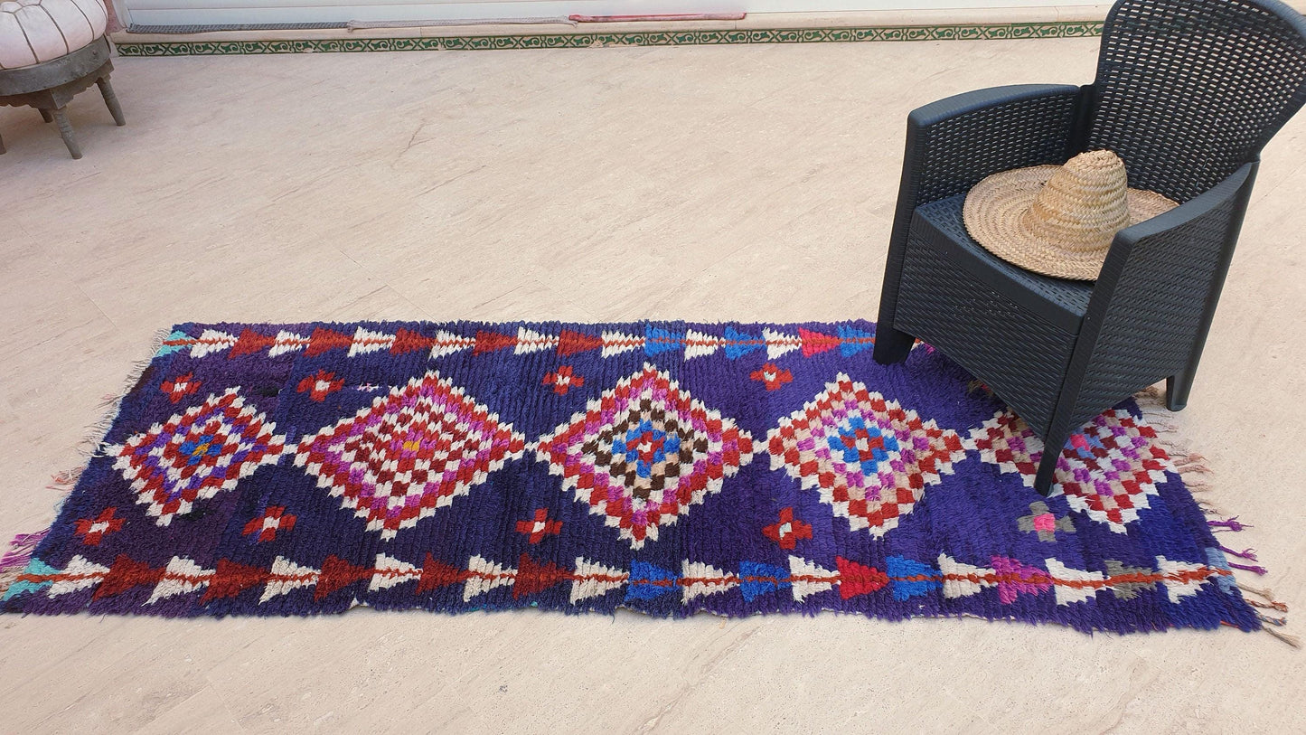 50% OFF CLOSING SALE Vintage Moroccan rug 3x7.8 Gorgeous blue purple Boucherouite Rug, hallway rug, geometric runner rug, blue boujaad rug