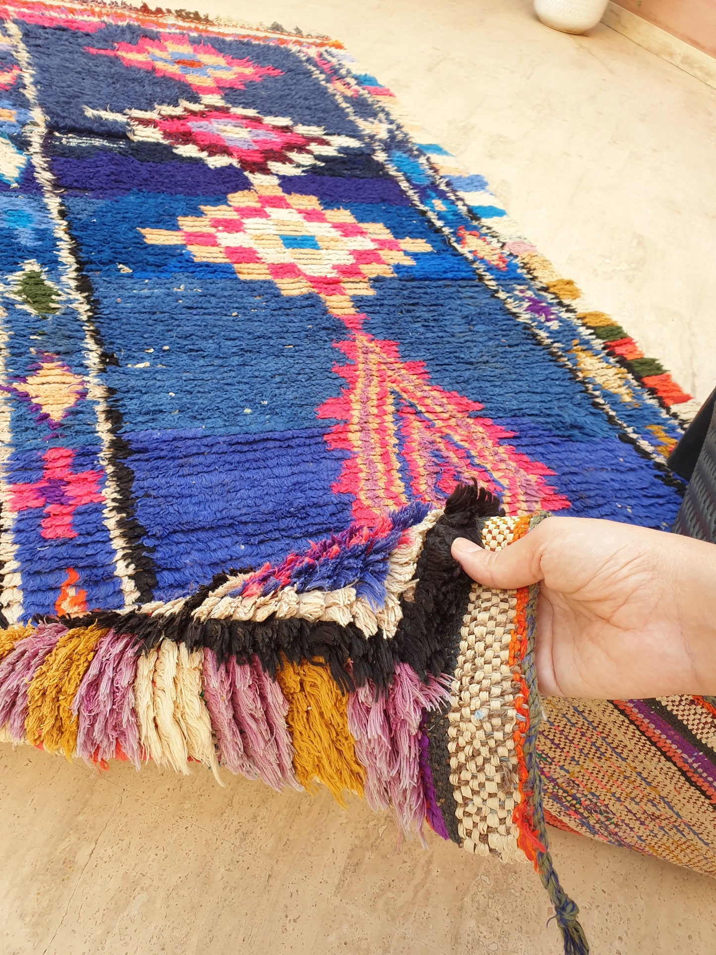 Vintage Moroccan rug 3.6x7.6 Unique Stunning blue Azilal Rug,  Abstract Berber runner rug, boujaad rug boucherouite rug