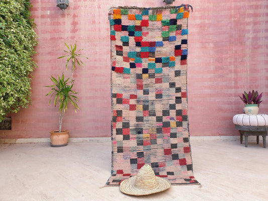 Vintage Moroccan Rug 2.8x7 Gorgeous Blush Boujaad rug, Colorful checkered bedroom rug, living room rug pink rug