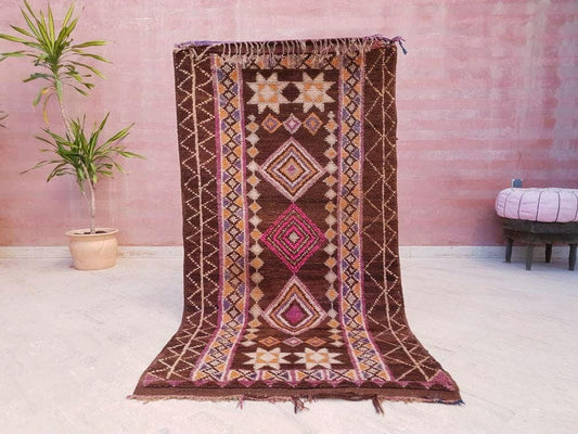 Vintage Morrocan Rugs, 3.2x6 Brown Purple Rug, Gorgeous Unique Boujaad rug, Brown Morrocan rug