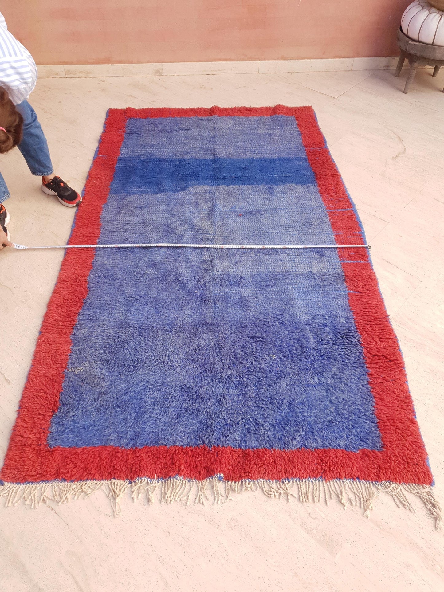 Vintage Moroccan Rug 4.8x8 | Minimal Blue Red Boujaad Rug | Modern Tribal Rug | One-of-a-Kind Berber Carpet