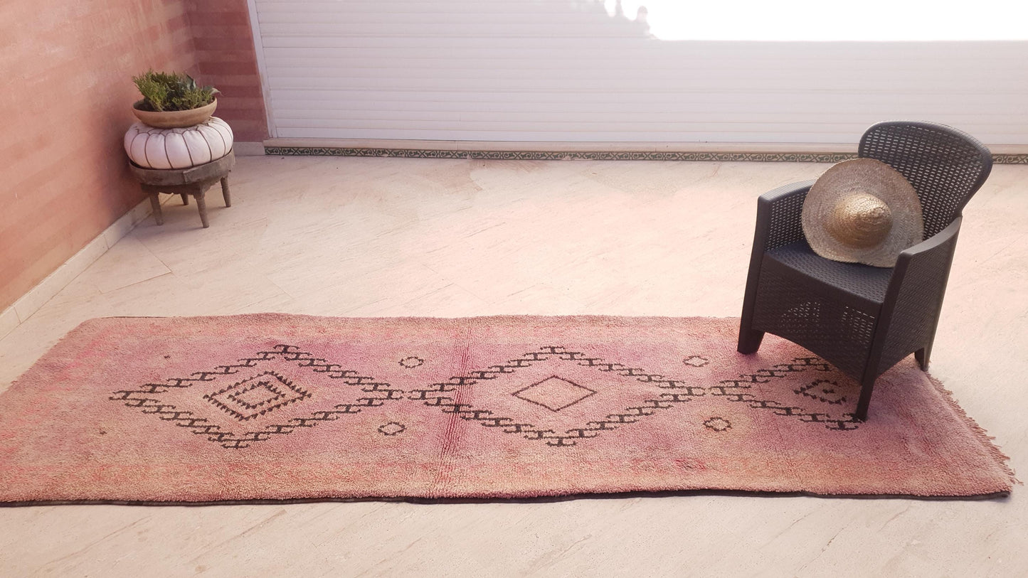 Vintage Moroccan Runner 3.4x10.7 ft • Blush Pink Boujaad Rug with Diamond Symbols • One-of-a-Kind Tribal Berber rug • pastels rug