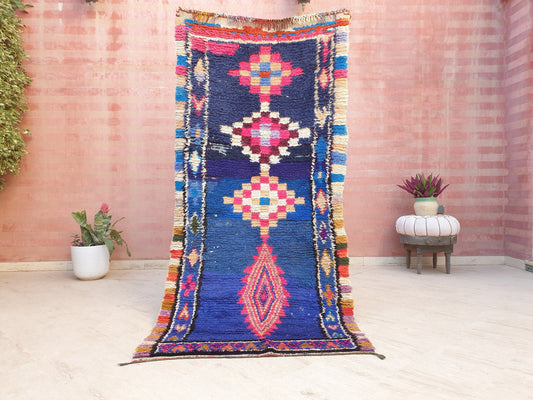 Vintage Moroccan rug 3.6x7.6 Unique Stunning blue Azilal Rug,  Abstract Berber runner rug, boujaad rug boucherouite rug