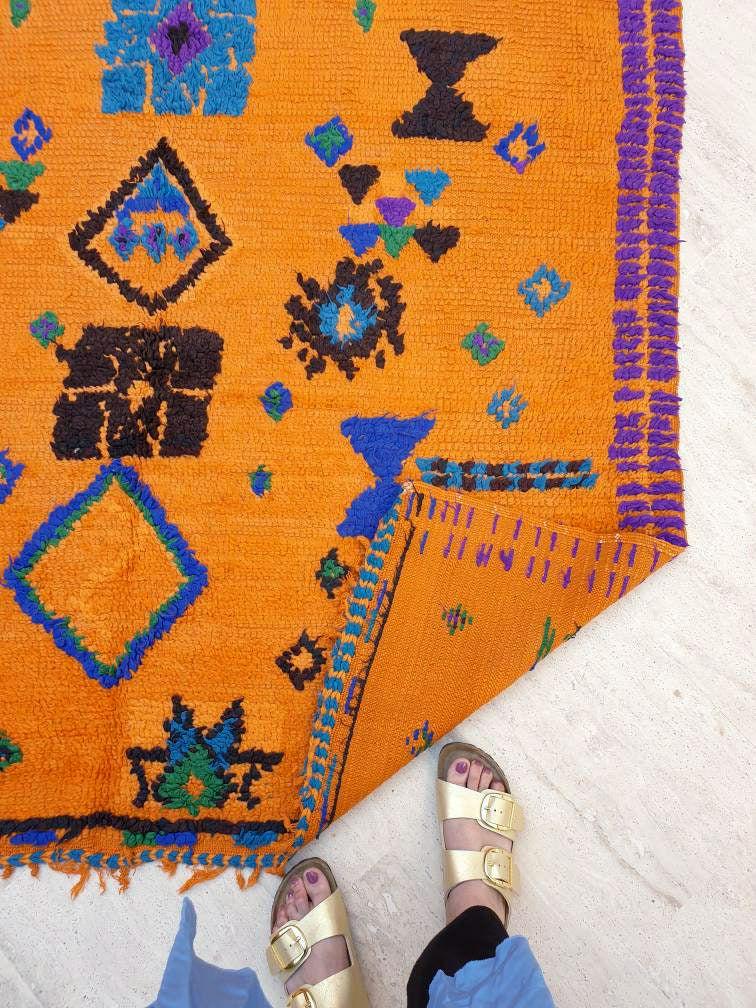 50% OFF CLOSING SALE Stunning Moroccan Rug 5.1x8.1 Super Pretty Vintage Boujaad rug, Unique boujad rug, Blue Papaya Orange Berber carpet